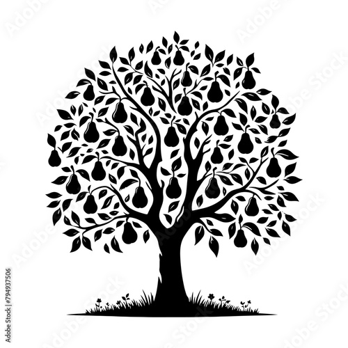 Pear Tree Vector Silhouette- Tranquil Beauty of Nature's In Illustration Form- Illustration Of Pear Tree- Vector Of Pear Tree.
