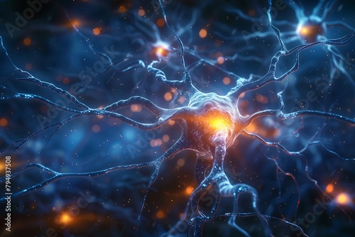 Neurons triggering brain activity triggering biological electrical nerve signal, chemical receptor cell, neurotransmitter, dendritic, and neural medicine photo