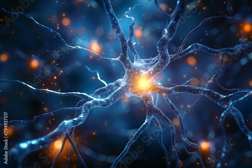 Neurons triggering brain activity triggering biological electrical nerve signal, chemical receptor cell, neurotransmitter, dendritic, and neural medicine photo