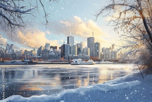 The beauty of An artistic impression of the Montreal skyline during winter, Ai generated