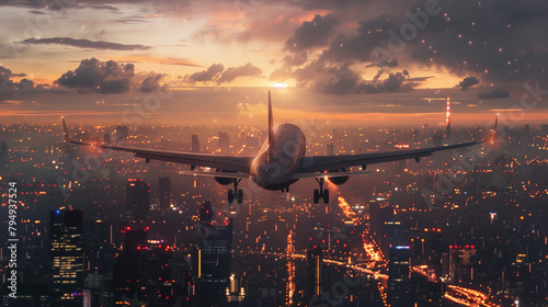 A plane is flying over a city at sunset. The sky is filled with clouds and the sun is setting. The city below is lit up with lights, creating a warm and inviting atmosphere