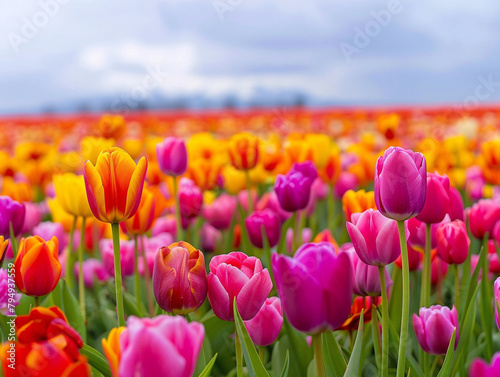 Breathtaking field of vibrant tulips  captured in a raw and stylish way  vibrant colors pop.