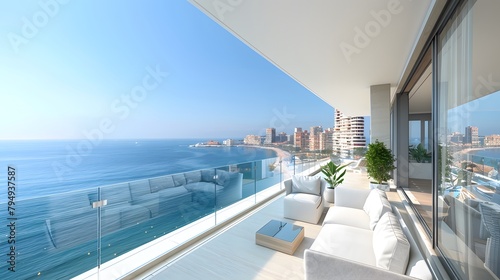 View from luxury apartment to open sea. A spacious balcony with an expansive view of the Mediterranean Sea  offering stunning ocean views from every angle. 