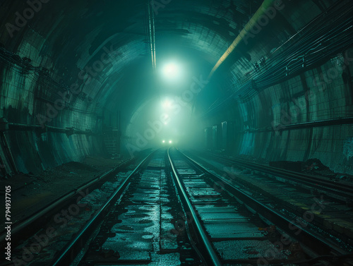 Post-apocalyptic subway tunnel with mysterious atmosphere in deep exploration