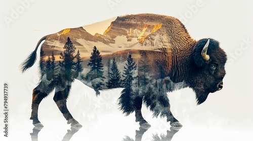 Illustration design of buffalo double exposure with mountain landscape and forest overlay