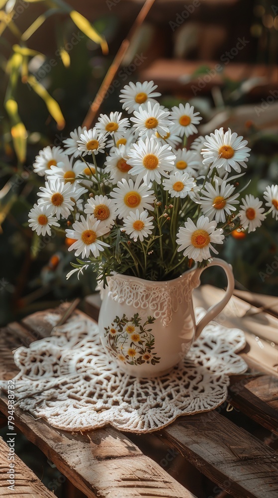Yellow daisies in vase, table display of Chamaemelum nobile flowers Yellow daisies in vase, table display of Chamaemelum nobile flowers