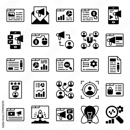 Digital marketing icon set in glyph style. Containing analytic, copywriting, email marketing, report, seo, website, etc. 