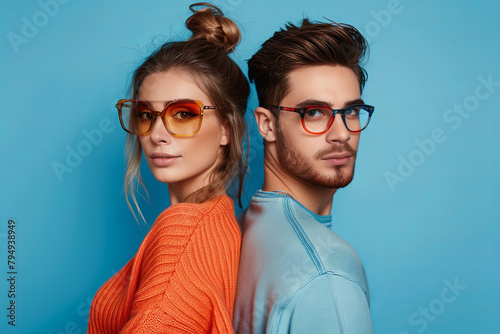 Attractive young man and beautiful young woman are posing together in stylish glasses. Optics style. Fashion studio shot 