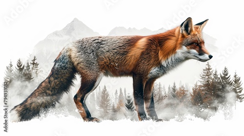 Double exposure closeup of fox with mountain forest landscape overlay isolated