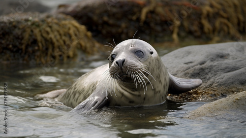 A playful seal pup splashing in the shallow waters of a rocky cove, its sleek body twisting and turning with delight.
