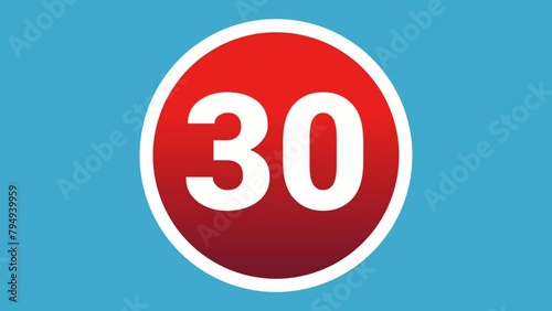Number 30 thirty sign symbol animation motion graphics icon on red circle on blue screen background,cartoon video numbers for video elements
