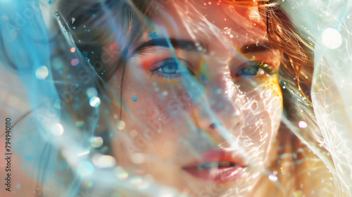 retrato de una mujer joven envuelta en finos velos de pintura colorida  photo