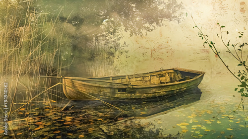 Old wooden fishing boat on the lake in autumn. Vintage painting.