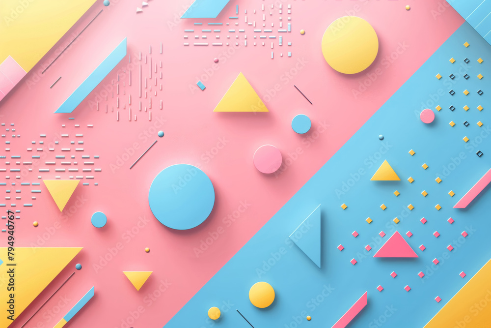 This flat lay style background features a vibrant assortment of different shapes and sizes. Circles, squares, triangles, rectangles, and more create a visually dynamic composition This flat lay style background features a vibrant assortment of different shapes and sizes. Circles, squares, triangles, rectangles, and more create a visually dynamic composition