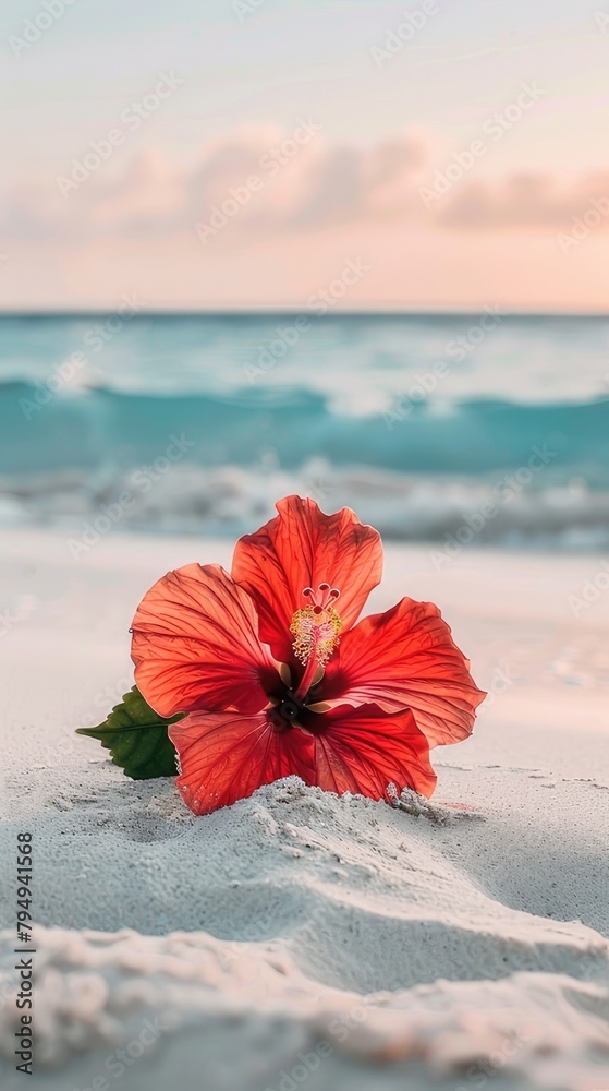 A red hibiscus flower lies on the white sand of an exotic beach, with blue water in the background. The sun shines brightly and the flowers show their full beauty A red hibiscus flower lies on the white sand of an exotic beach, with blue water in the background. The sun shines brightly and the flowers show their full beauty