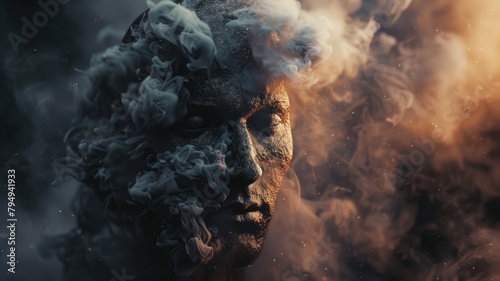 Human sculpture intermingling with smoke - An evocative image that merges a human sculpture with swirling smoke, creating a powerful visual metaphor photo