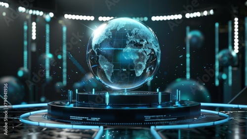 Digital world globe on a futuristic podium - An illuminated world globe centered on a high-tech podium with ambient lighting exuding a sense of innovation and technological advancement