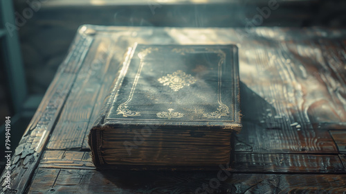 Vintage book with golden emblem on a rustic wooden table, imbued with a sense of history and mystery