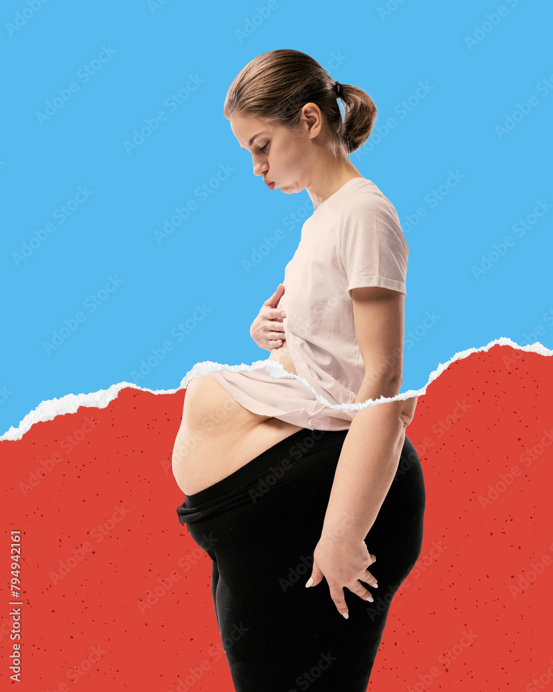 Fotografie Contrast between female slim upper body and fat belly and legs, symbolizing journey of weight loss and fitness transformation