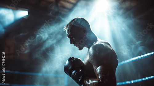Focused boxer trains alone in a dimly lit gym  showcasing determination and strength