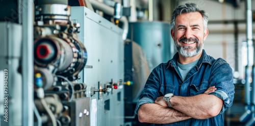 Portrait of a smiling middle aged male electric engineer expert and business owner standing next to a machine with his arms crossed. photo