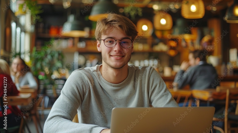 Portrait of handsome young man in eyeglasses using laptop while sitting in cafe Portrait of handsome young man in eyeglasses using laptop while sitting in cafe