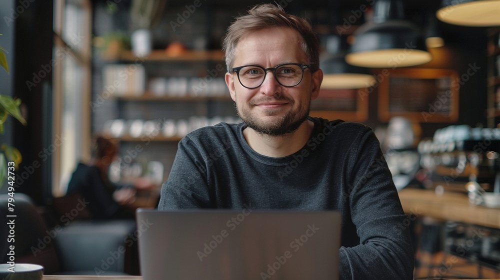 Portrait of handsome young man in eyeglasses using laptop while sitting in cafe Portrait of handsome young man in eyeglasses using laptop while sitting in cafe