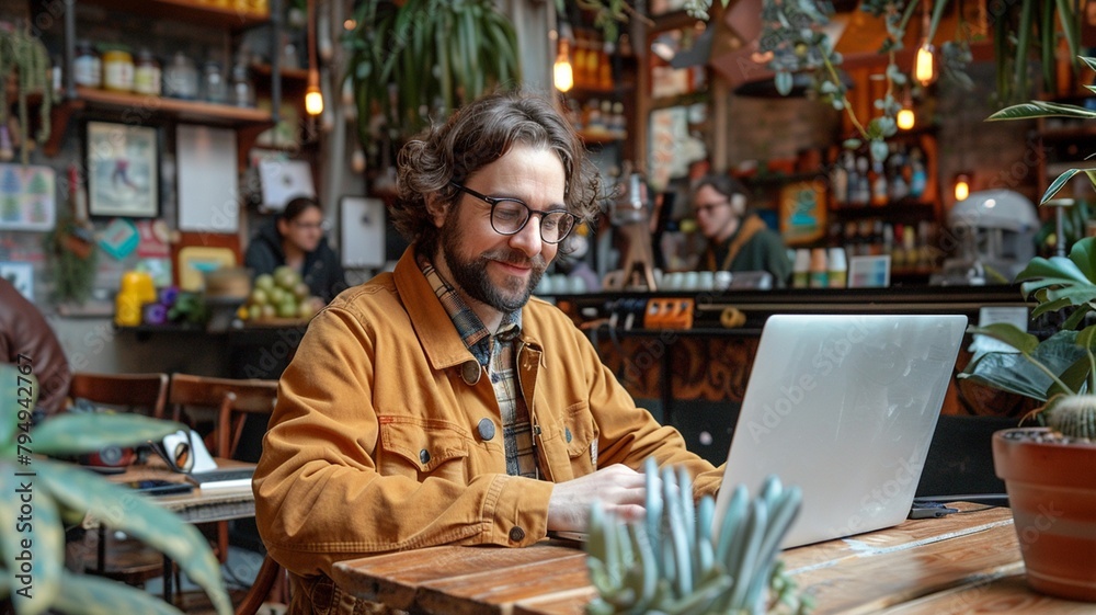 Portrait of handsome young man in eyeglasses using laptop while sitting in cafe