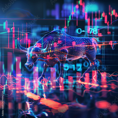 Stock market chart and bull. 3d rendering toned image double exposure