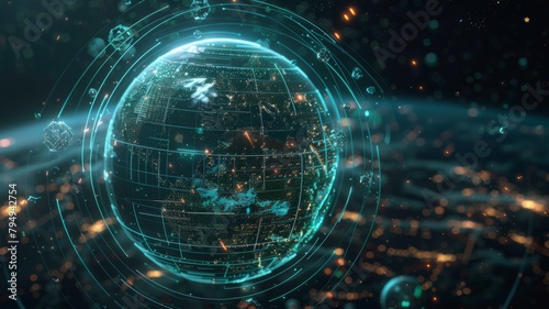 Virtual futuristic Earth hologram in space - The image depicts a high-tech hologram of Earth surrounded by digital interfaces in a space environment