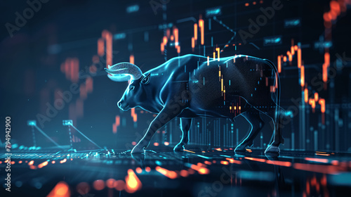 Stock market chart and bull. 3d rendering toned image double exposure