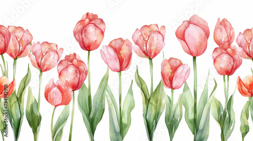 Elegant watercolor painting of vibrant tulips in full bloom, symbolizing spring beauty.