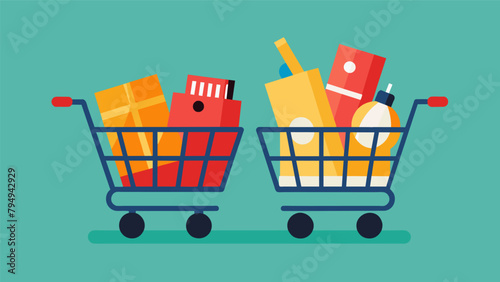 Two shopping carts one overflowing with items and the other with just a few essentials representing the emotional and rational sides of