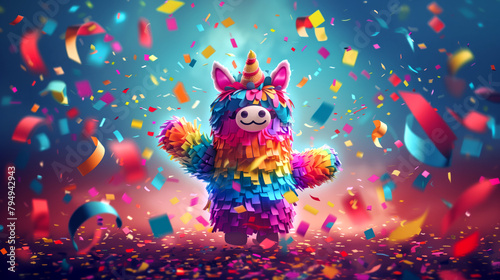 A pinata shaped like a pig reveal confetti and streamers  Mexican holiday celebration