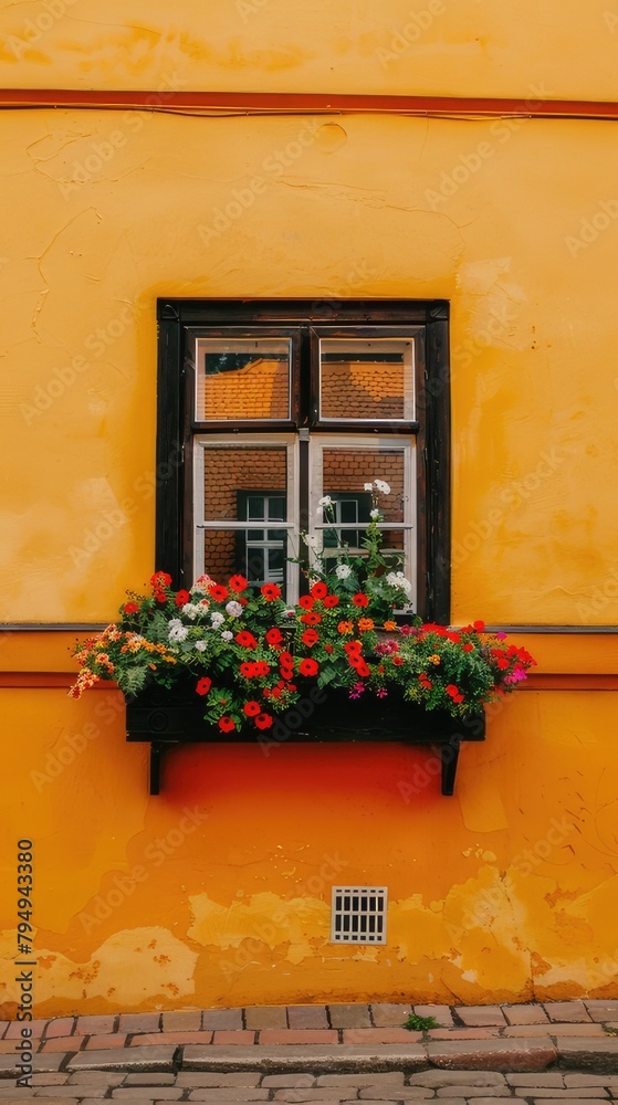 Minimalist photography, vibrant orange wall with window and flower box