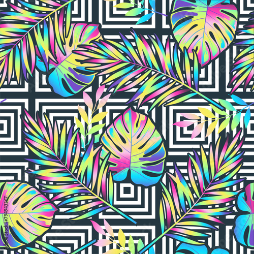 Seamless tropical vector pattern with tropical plants and palm leaves. Tropical summer background: palm tree, monstera, gradient silhouette.