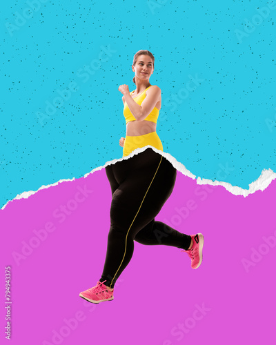 Journey of weight loss and healthy living, portraying the contrast between slim female upper body and plus-size legs. Conceptual design. Concept of weight-loss, sport, dieting photo