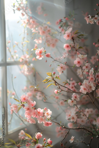 Soft Pink Cherry Blossoms Bathed in Sunlight by a Window