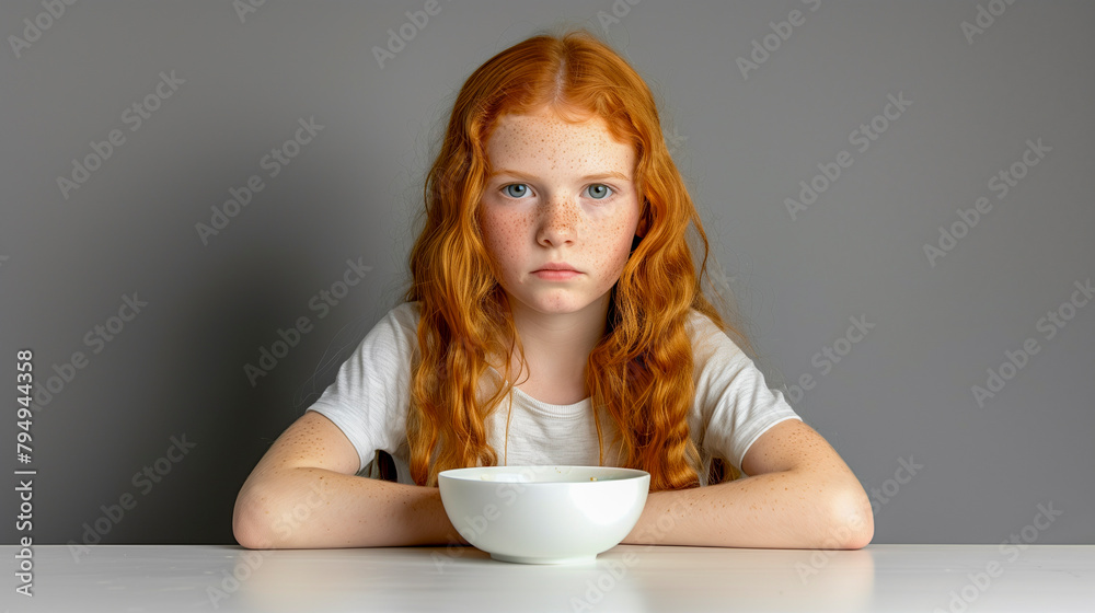 Young grumpy girl in front of empty bowl Young grumpy girl in front of empty bowl