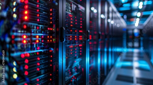 Futuristic Data Center with Glowing Server Racks