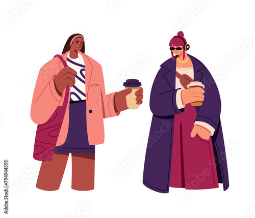 Stylish girl in headphones stands with takeaway coffee in paper cup. People hold hot takeout drink, cappuccino. Friends carry warm tea at walk. Flat isolated vector illustration on white background