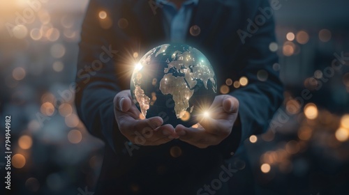 Businessman holding a virtual globe with a franchise business emblem for expansion, franchise marketing system in the global business network, brand development, and contemporary technology photo