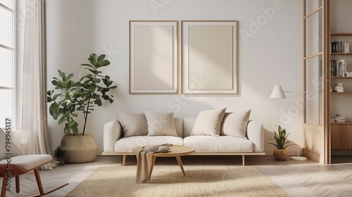 Interior living room design Scandinavian style in warm tone with frame mockup