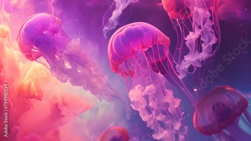 A colorful image of jellyfish floating in the sky. The jellyfish are in various colors, including pink, purple, and blue. The sky is filled with clouds photo