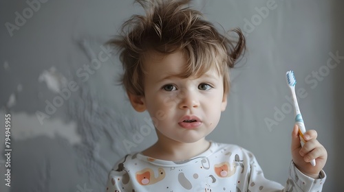Mischievous Morning Smile A Cute Little Boy Embraces Dental Care in His Playful Pajamas Generative ai