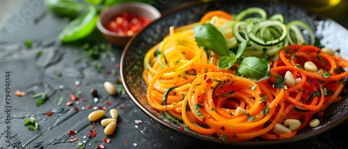 Vibrant Spiralized Vegetable Noodles with Pesto, Pine Nuts, and Basil. Concept Vegetarian Cuisine, Spiralized Veggies, Healthy Recipe, Pesto Pasta, Plant-Based Meals