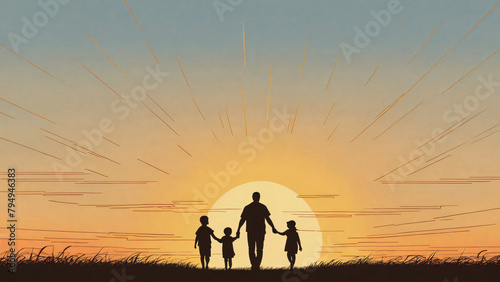 father and children holding hands walking in the field towards a sunrise, illustration, minimalist
