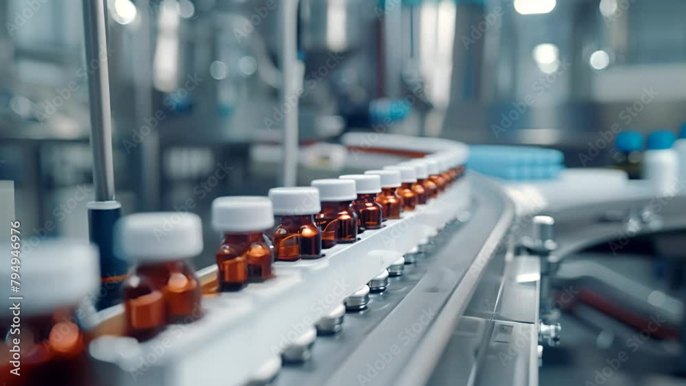 A conveyor belt with many bottles of medicine on it. The bottles are white and brown