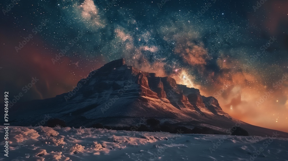 serene mountain landscape at dawn with a glittering galaxy illuminating the snowy peaks