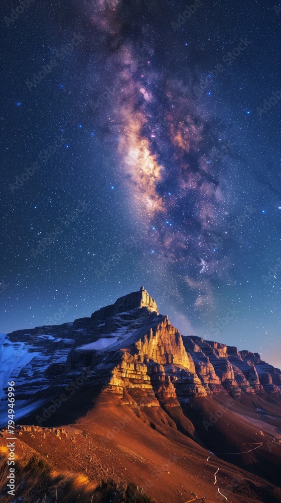 majestic mountain peaks emerging into twilight under a vast star-filled cosmic sky